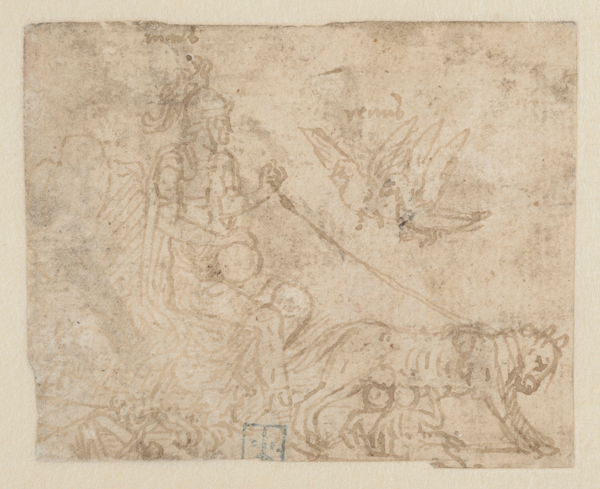 Mars assis tenant la louve qui allaite Romulus et Rémus
