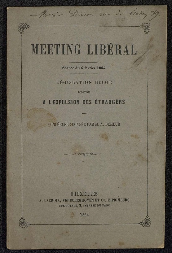 Meeting libéral, séance du 4 février 1864. Législation belge relative à l'expulsion des étrangers