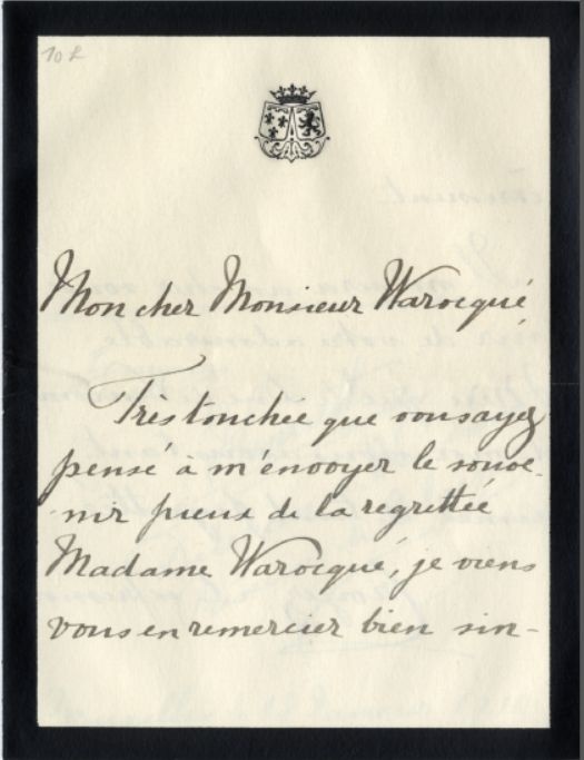Lettre autographe de la duchesse de Vendôme et princesse de Belgique, Henriette à monsieur Raoul Warocqué