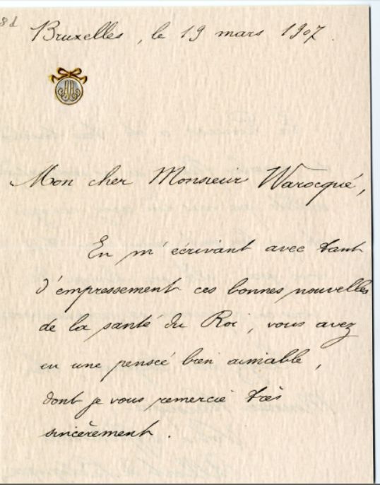 Lettre autographe du roi des Belges, Albert Ier à monsieur Raoul Warocqué