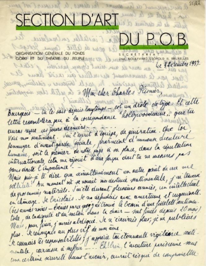 Lettre autographe de monsieur Pierre Bourgeois à monsieur Charles Plisnier