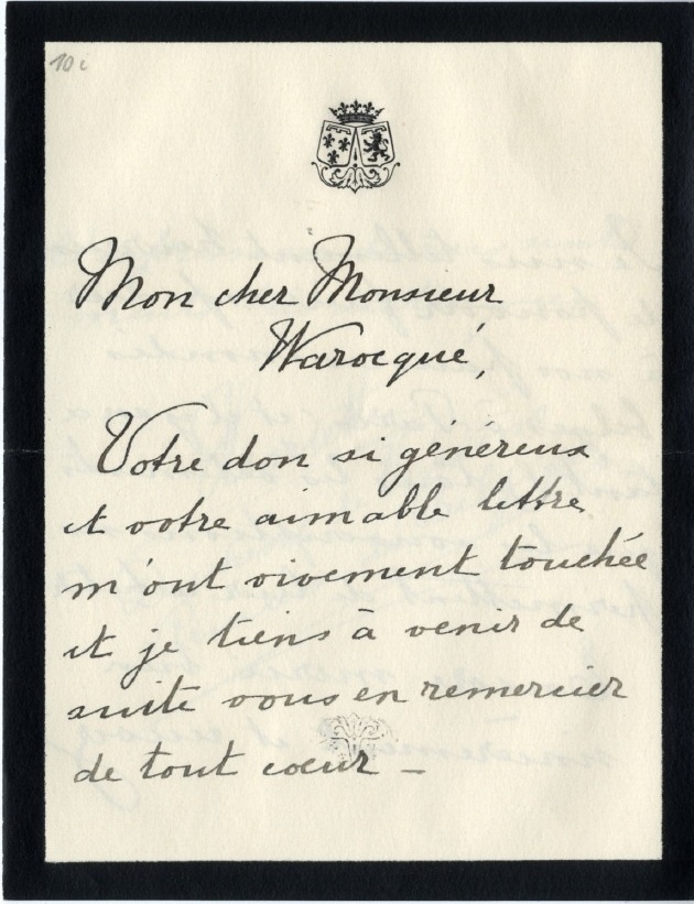 Lettre autographe de la princesse de Belgique, Henriette, duchesse de Vendôme à monsieur Raoul Warocqué