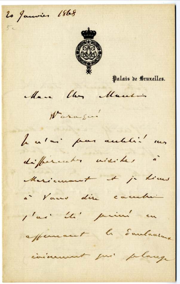 Lettre autographe du roi des Belges Léopold II à monsieur Arthur Warocqué