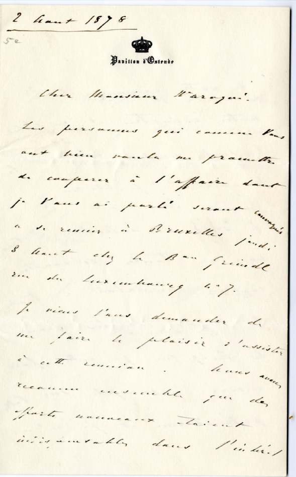 Lettre autographe du roi des Belges Léopold II à monsieur Arthur Warocqué