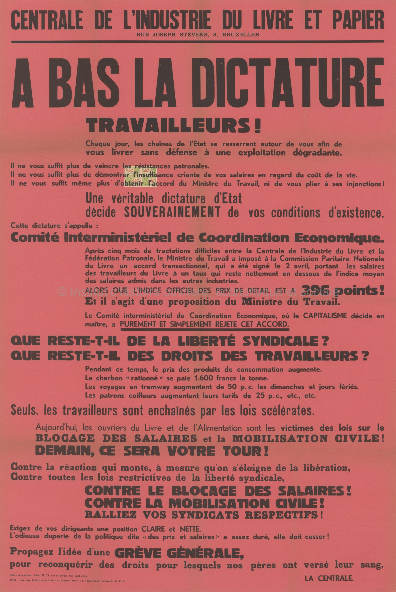 Affiche - Appel à la grève par la Centrale de l'Industrie du Livre et Papier