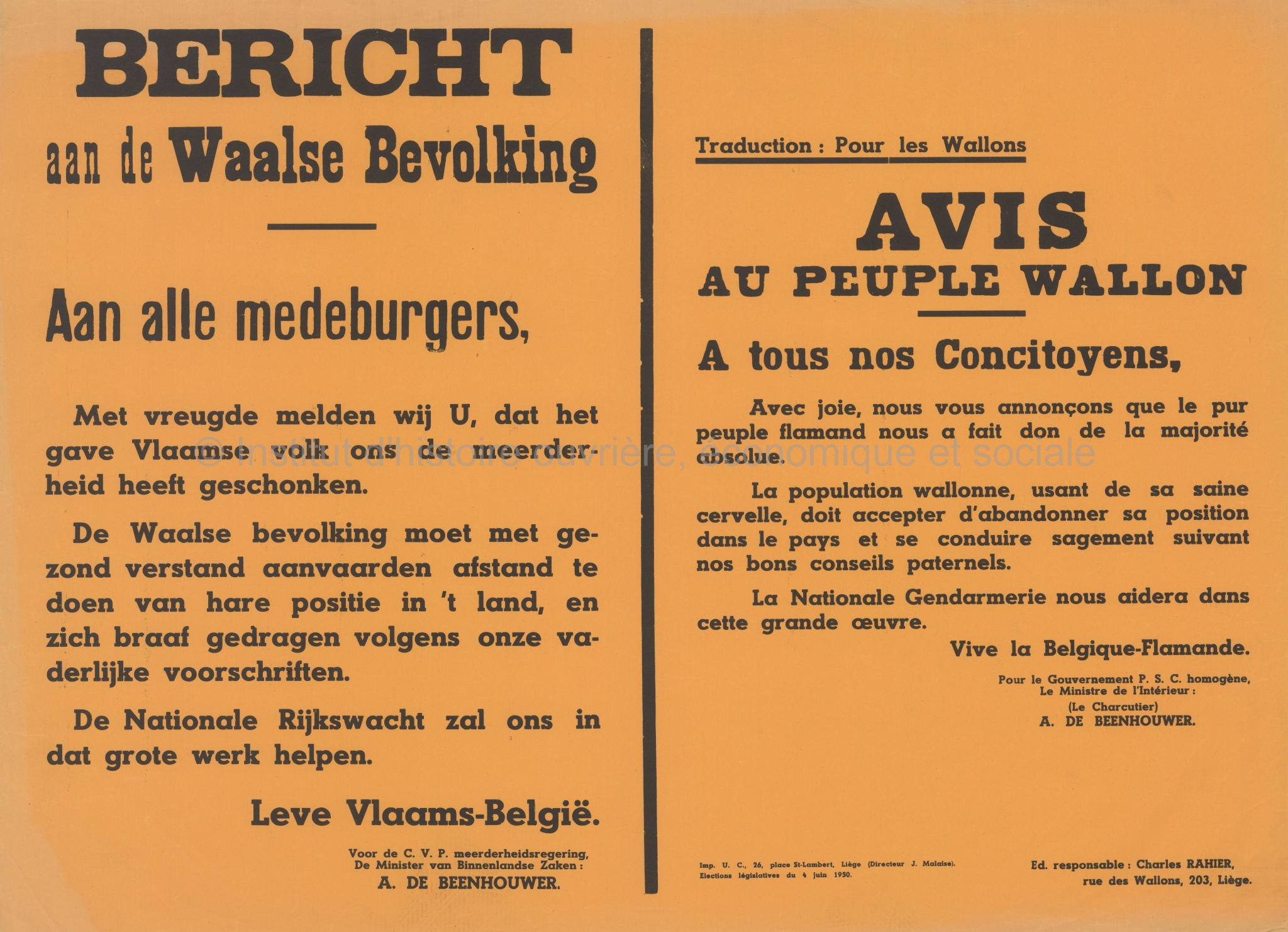 Affiche - Avis au peuple wallon : à tous nos concitoyens