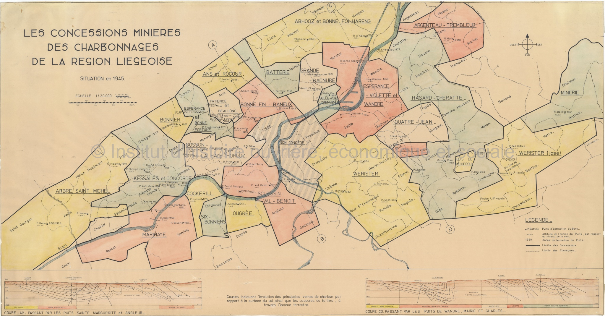 Carte des concessions minières des charbonnages de la région liégeoise : situation en 1945