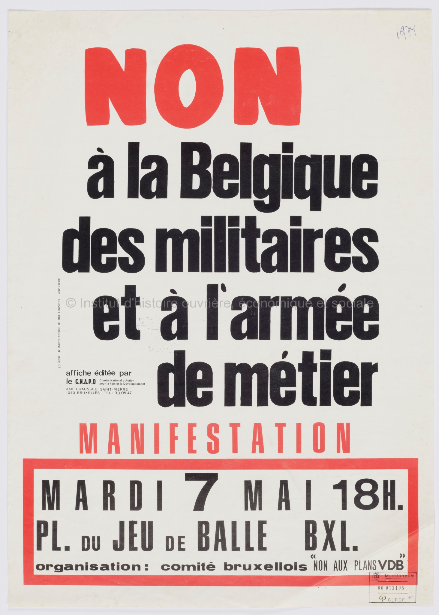 Non à la Belgique des militaires et à l'armée de métier : manifestation, mardi 7 mai 18h
