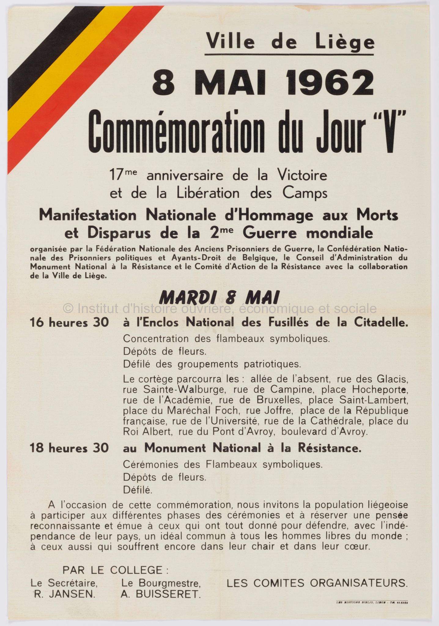 Ville de Liège, 8 mai 1962, commémoration du jour V