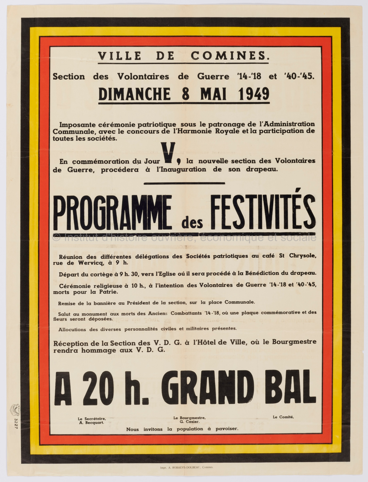 Ville de Comines, section des volontaires de guerre 14-18 et 40-45 : dimanche 8 mai 1949, programme des festivités
