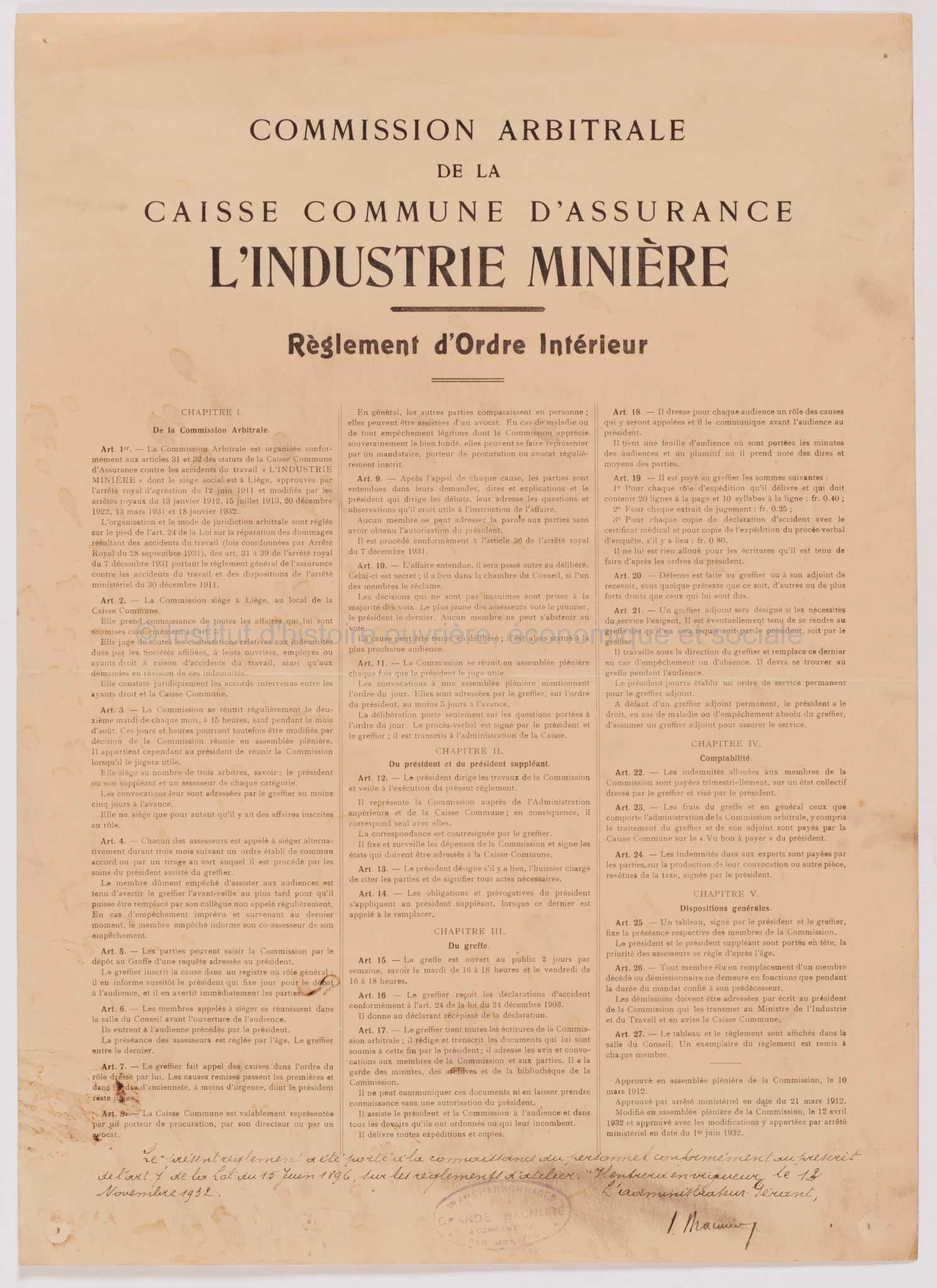 Commission arbitrale de la caisse commune d'assurance "L'Industrie minière" : règlement d'ordre intérieur