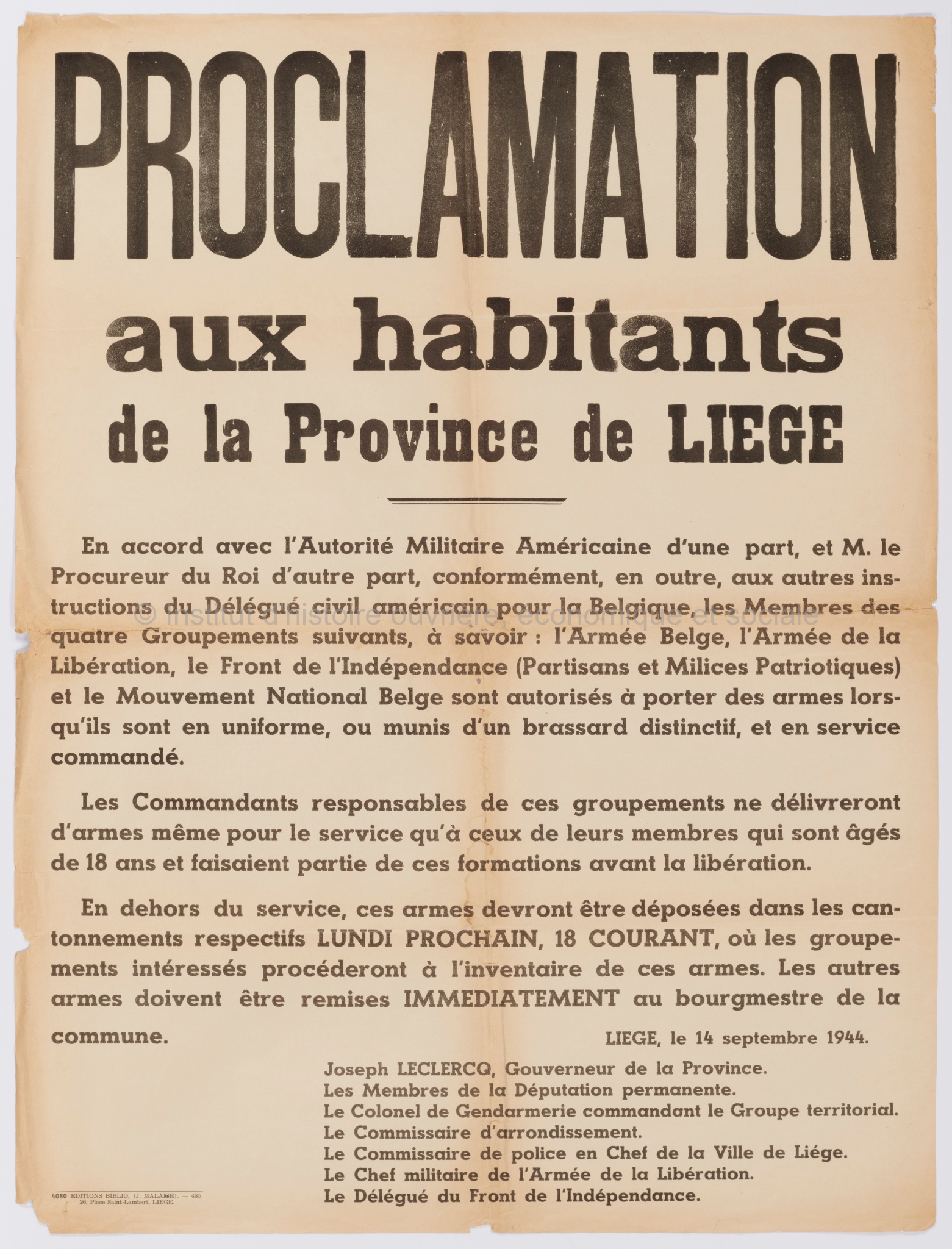 Proclamation aux habitants de la Province de Liège