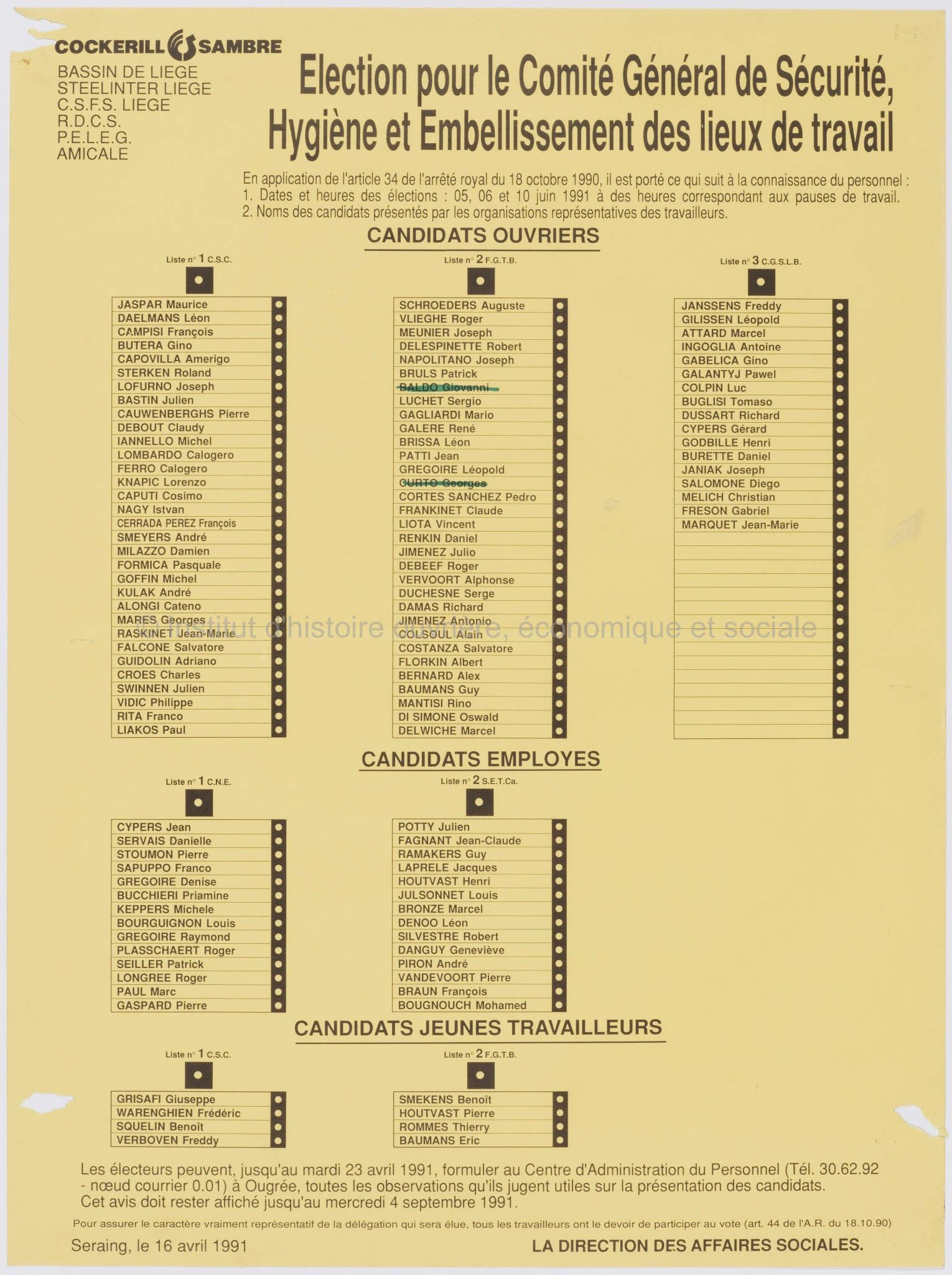 Élection pour le Comité général de sécurité, hygiène et embellissement des lieux de travail : Cockerill Sambre, bassin de Liège, CSFS Liège - RDCS - PELEG - Amicale