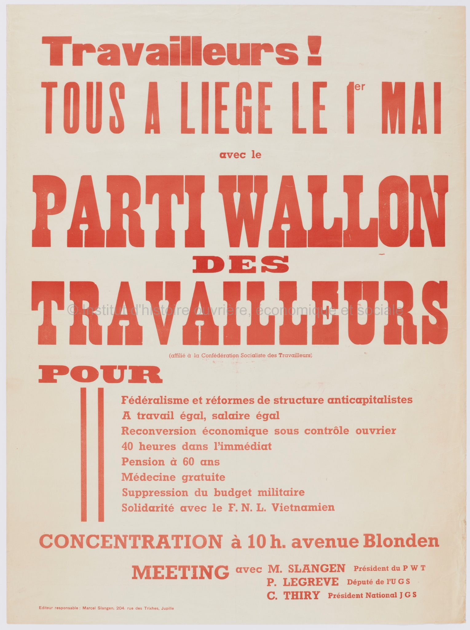 Travailleurs ! Tous à Liège le 1er mai avec le Parti wallon des travailleurs