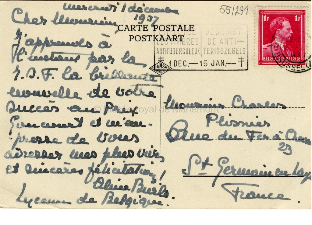Carte postale de madame Aline Burls à monsieur Charles Plisnier