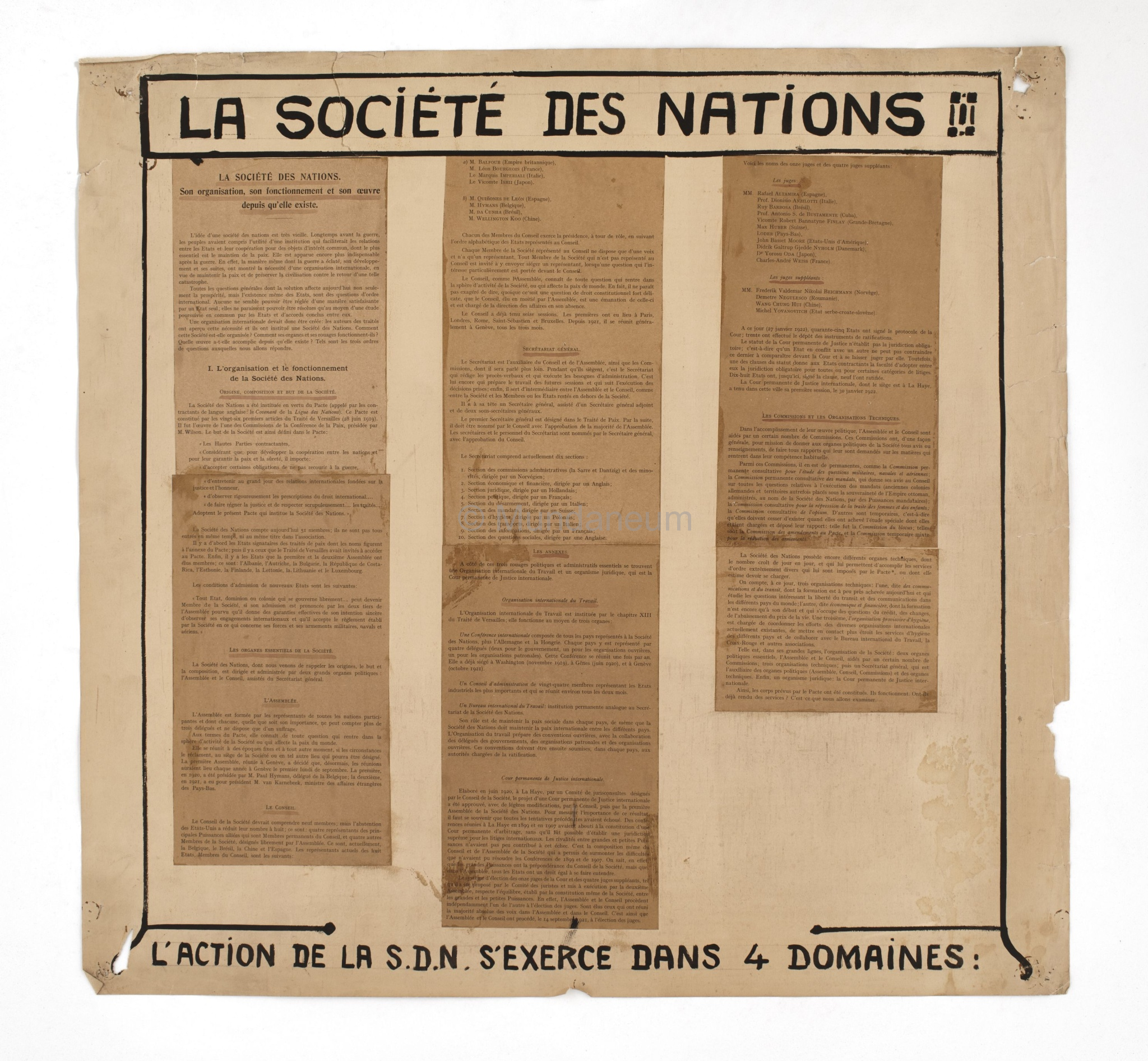 La Société des Nations. L'action de la SDN s'exerce dans 4 domaines