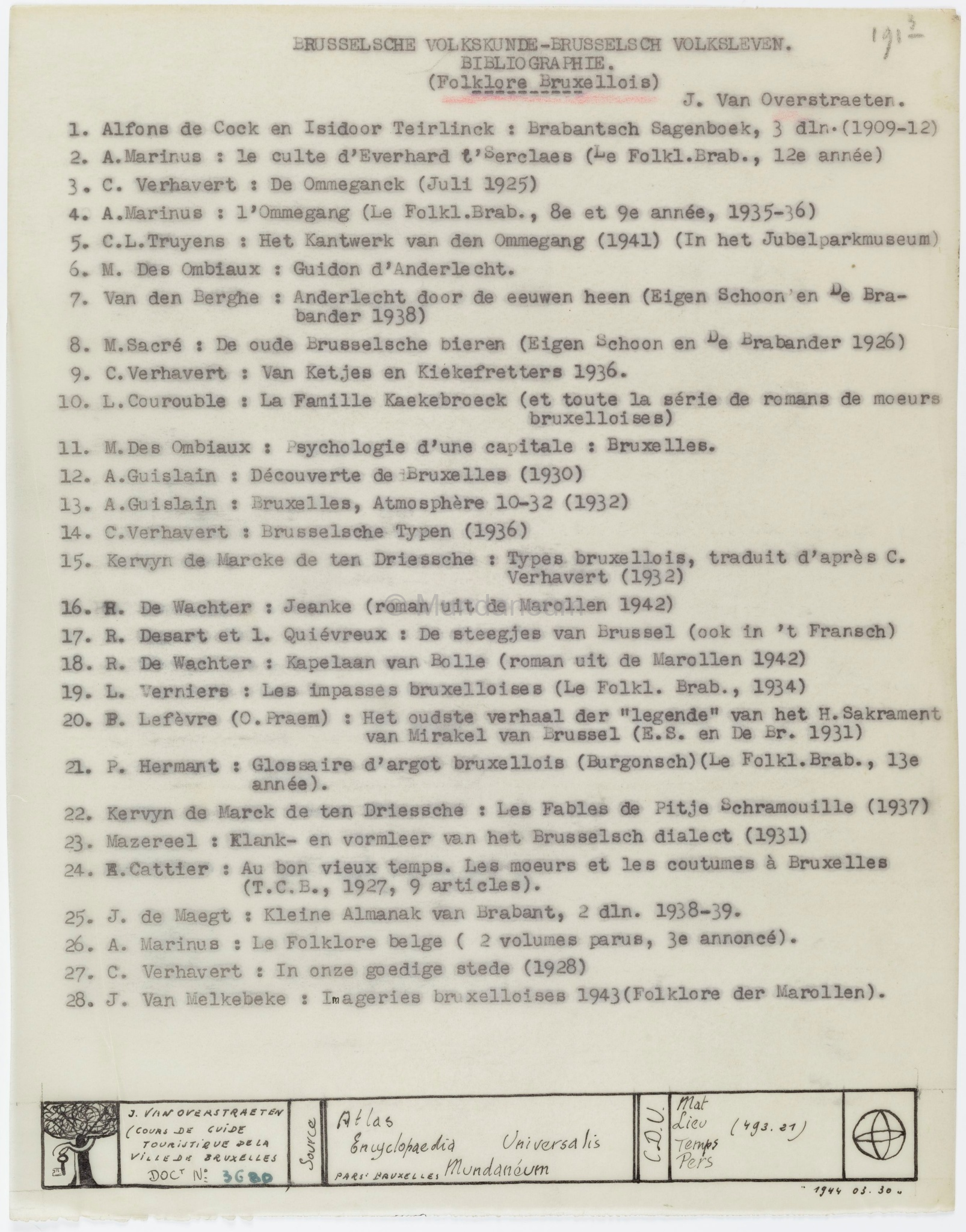 Brusselsche volkskunde – Brusselsch volkskeven – Bibliographie