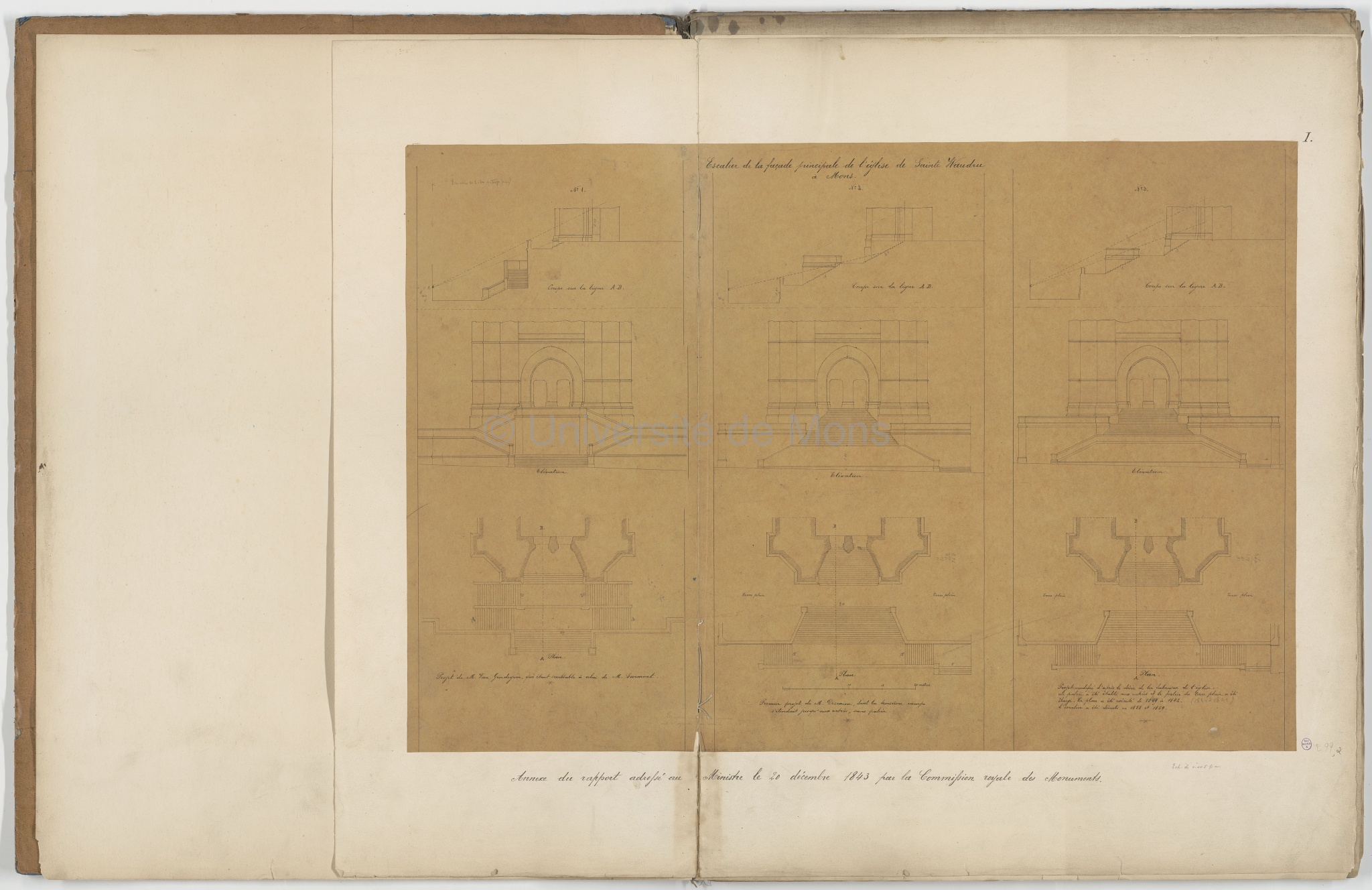 I. Escalier de la façade principale de l’église de Sainte-Waudru à Mons ; Annexe du rapport adressé au Ministre le 20 décembre 1843 par la Commission royale des Monuments