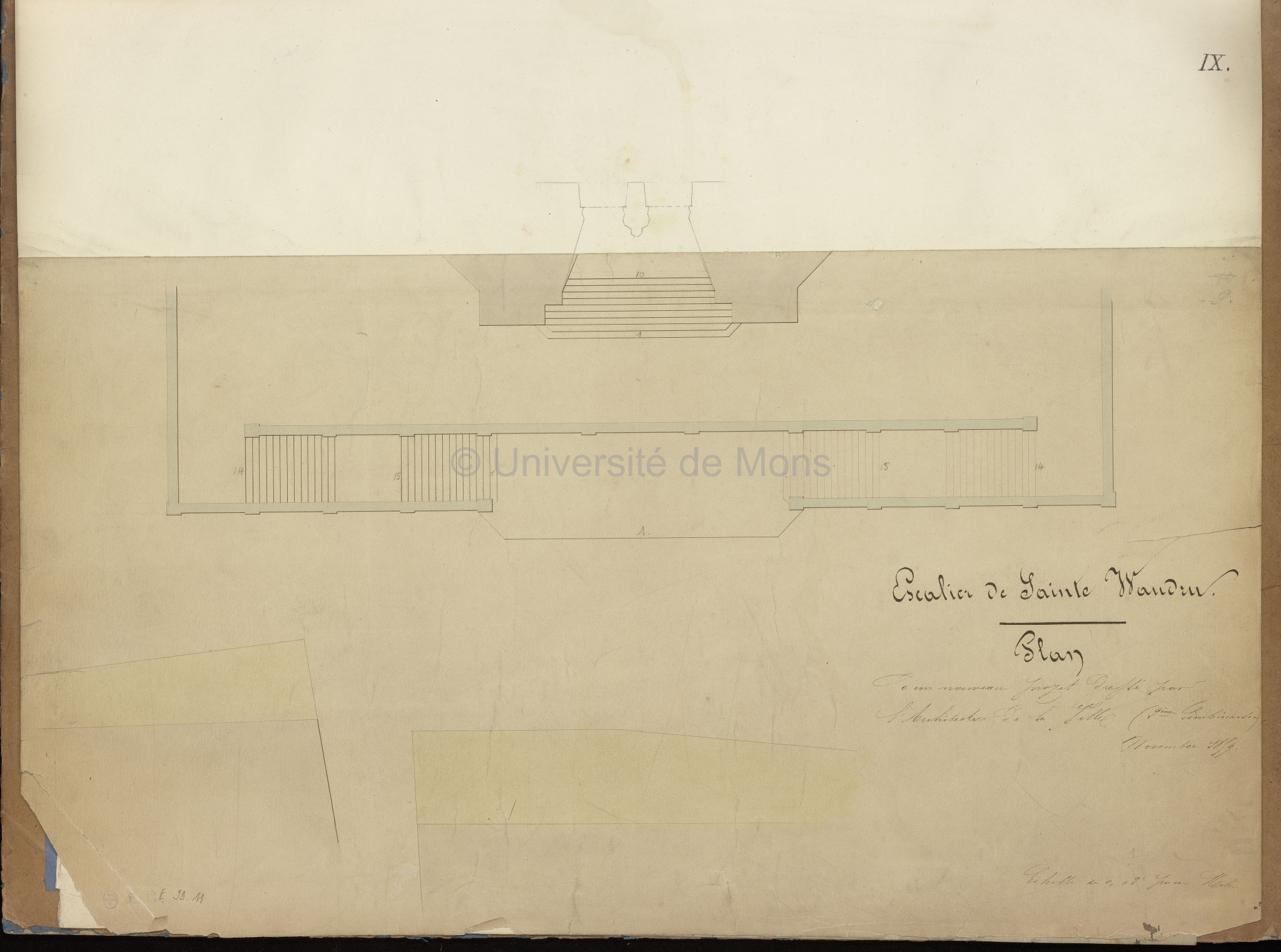IX. Escalier de Sainte-Waudru. Plan d'un nouveau projet dressé par l'architecte de la ville (2ème combinaison)