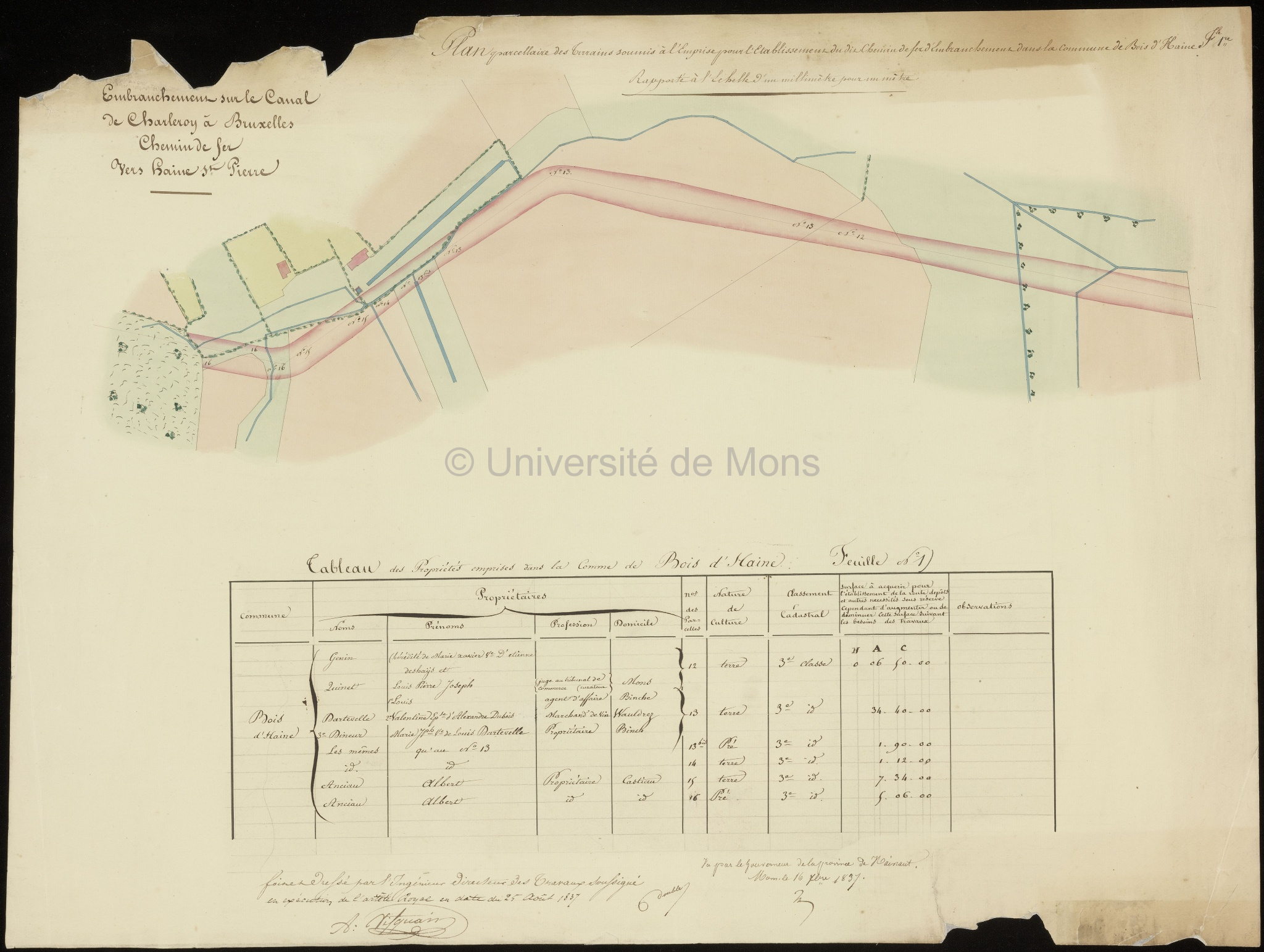 Embranchement sur le canal de Charleroy à Bruxelles : chemin de fer vers Haine-Saint-Pierre. Plan parcellaire des terrains soumis à l’emprise pour l’établissement du dit chemin de fer d’embranchement dans la commune de Bois d'Haine (feuille 1ère)