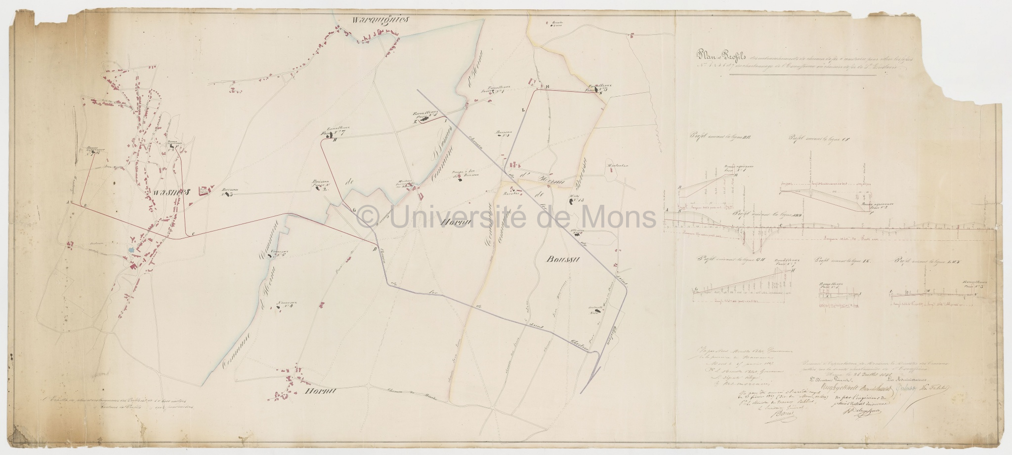 Plan et profils des embranchements de chemin de fer à construire pour relier les fosses n° 1, 2, 3, 5 et 7 du charbonnage de l'Escouffiaux au chemin de fer de Saint-Ghislain