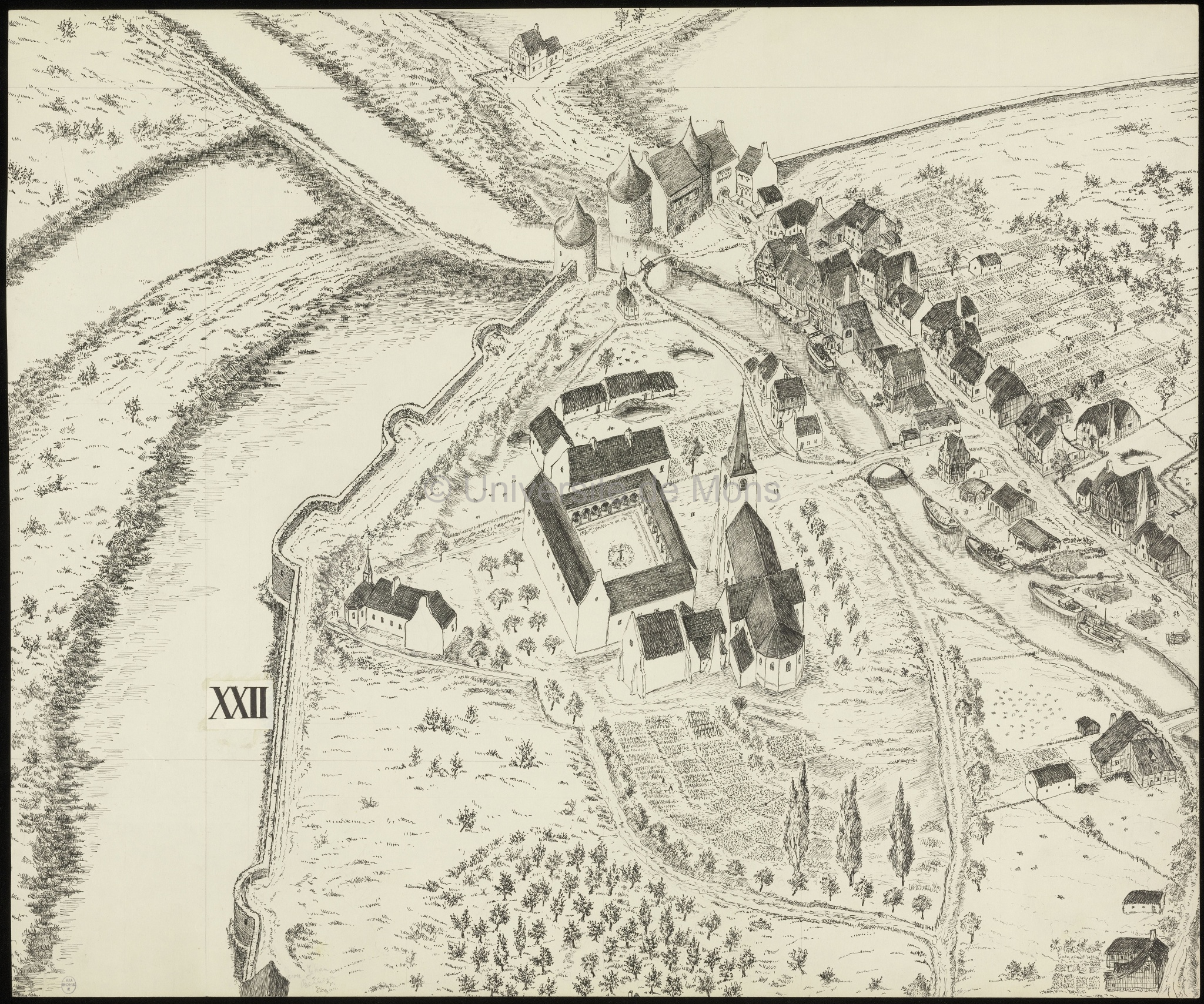 Reconstitution en vue perspective de la ville de Mons en 1550 : planche XXII
