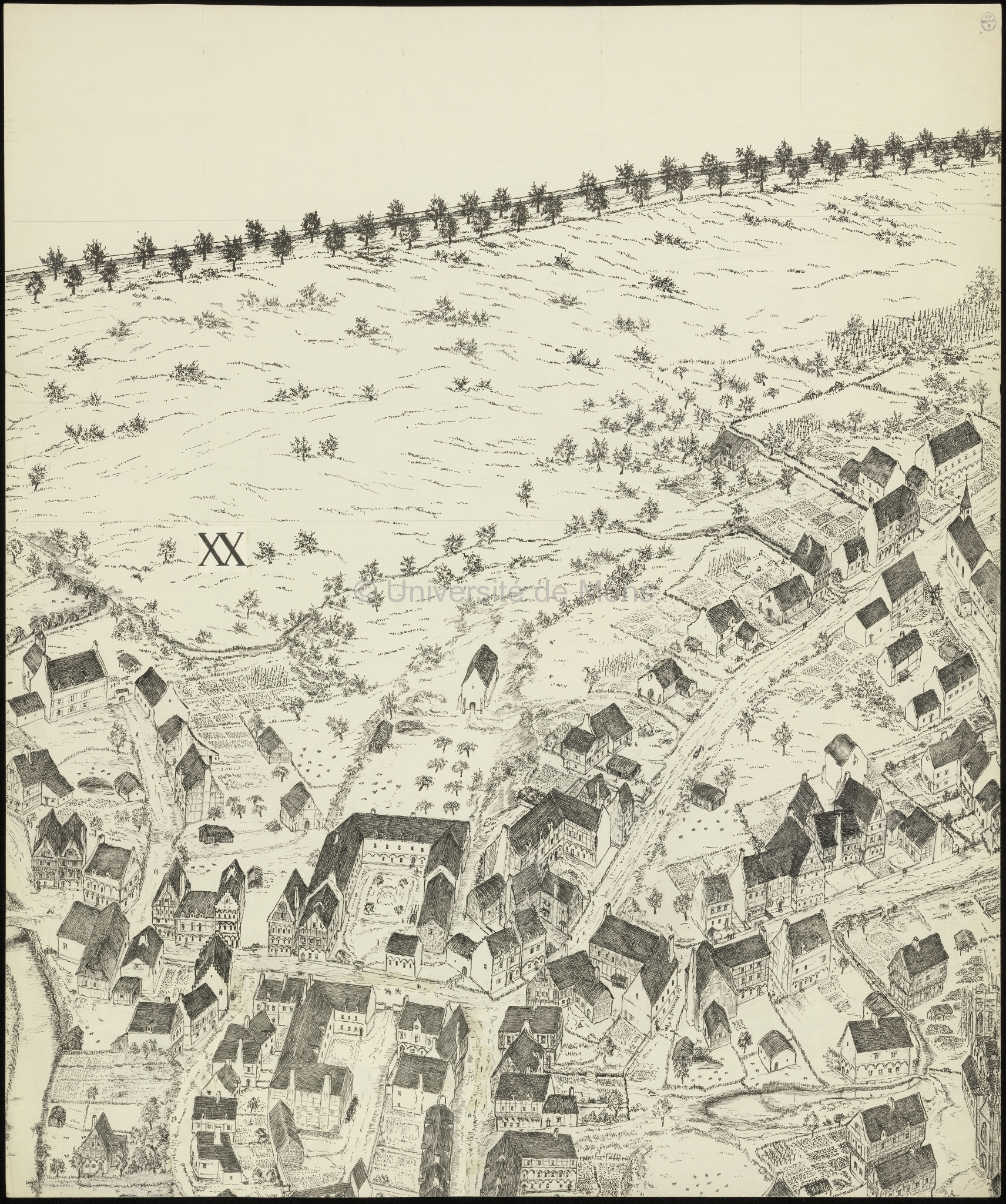 Reconstitution en vue perspective de la ville de Mons en 1550 : planche XX