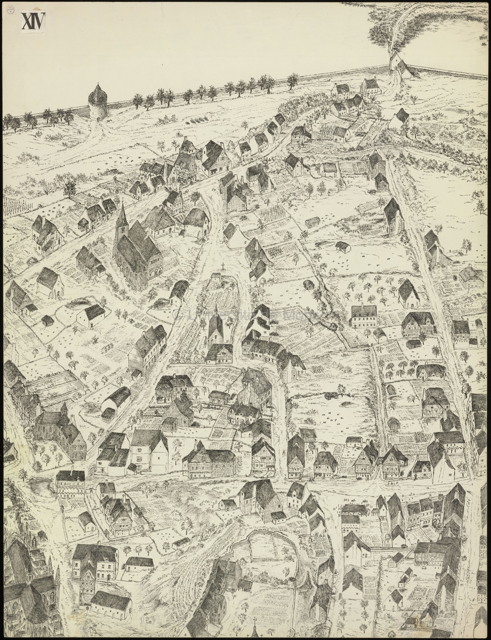 Reconstitution en vue perspective de la ville de Mons en 1550 : planche XIV et XV