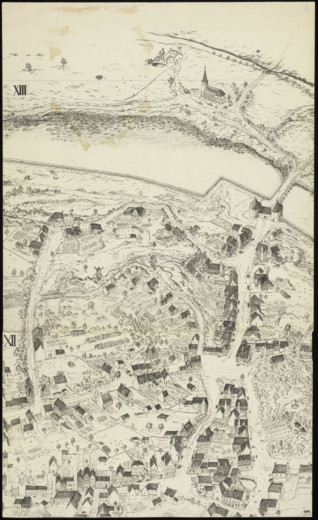 Reconstitution en vue perspective de la ville de Mons en 1550 : planche XII et XIII