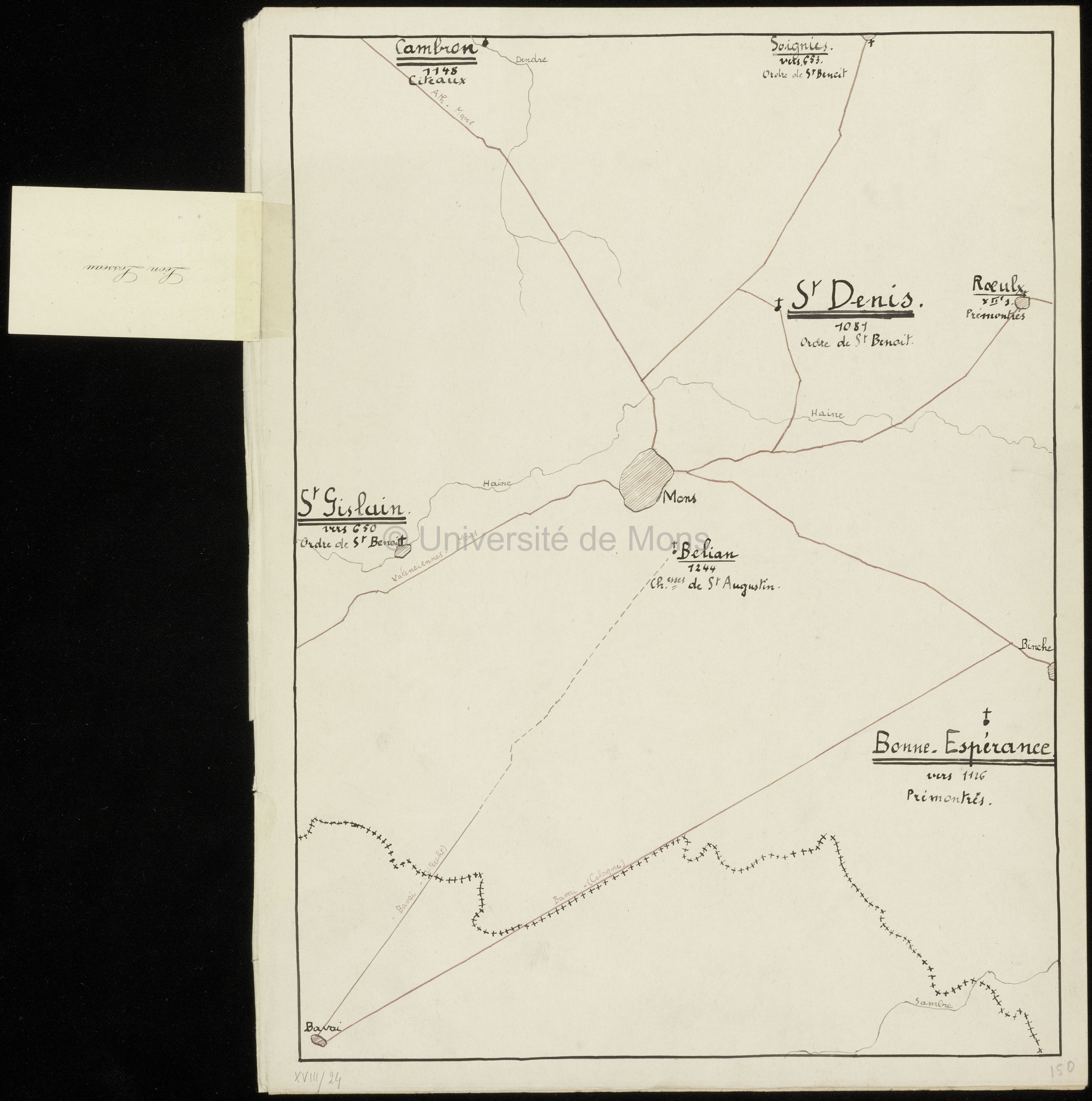 Carte schématique indiquant l'emplacement des abbayes et monastères de la région de Mons avec la date de leur fondation et l'ordre auquel ils se rattachent