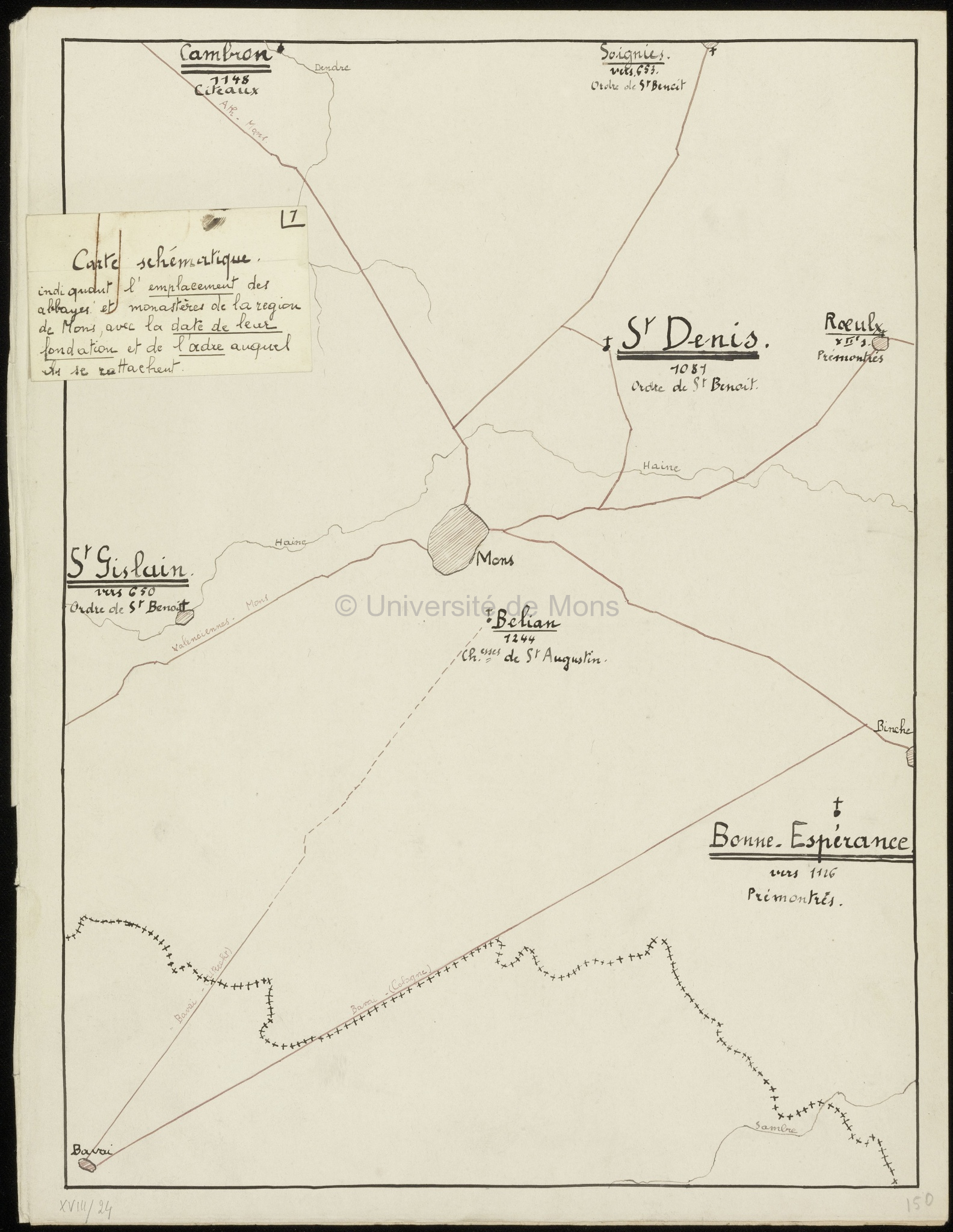 Carte schématique indiquant l'emplacement des abbayes et monastères de la région de Mons avec la date de leur fondation et l'ordre auquel ils se rattachent