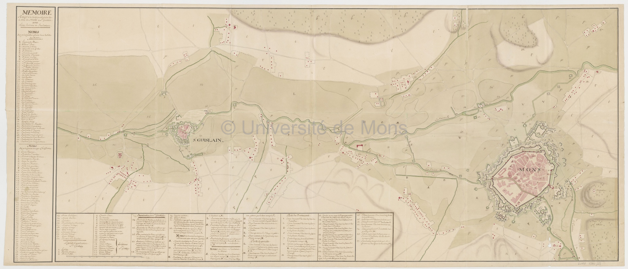 Mémoire relatif à la carte particulière de la ville de Mons et St Guislain avec leurs environs et inondations