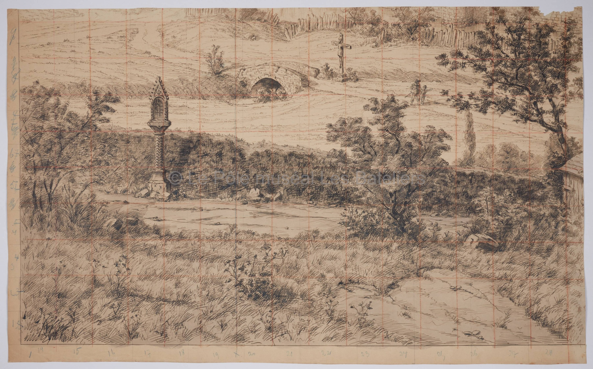 Dessin préparatoire au panorama de la ville depuis les hauteurs de Coquelet au début du XVIe siècle (ensemble de 8 planches)